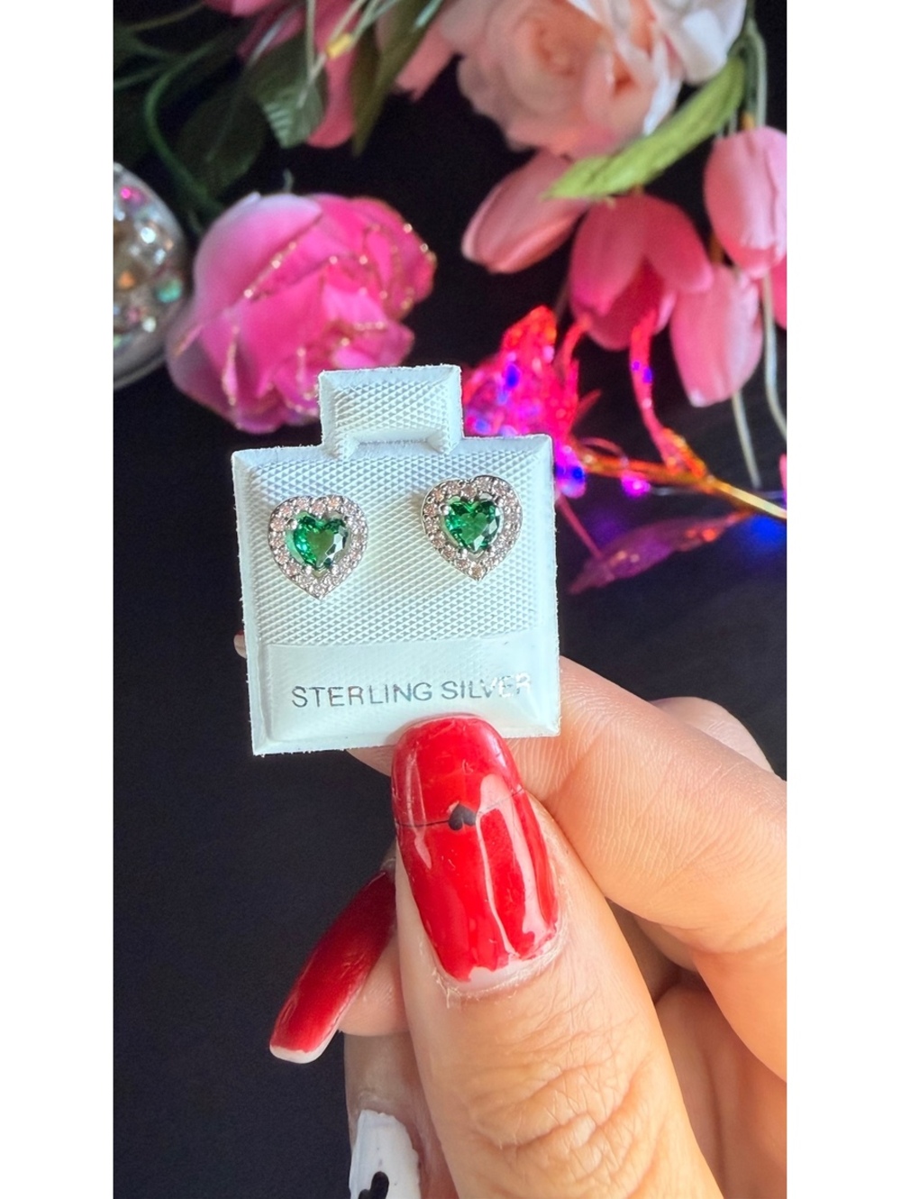 Sterling Silver Heart-Shaped Emerald Green Stud Earrings